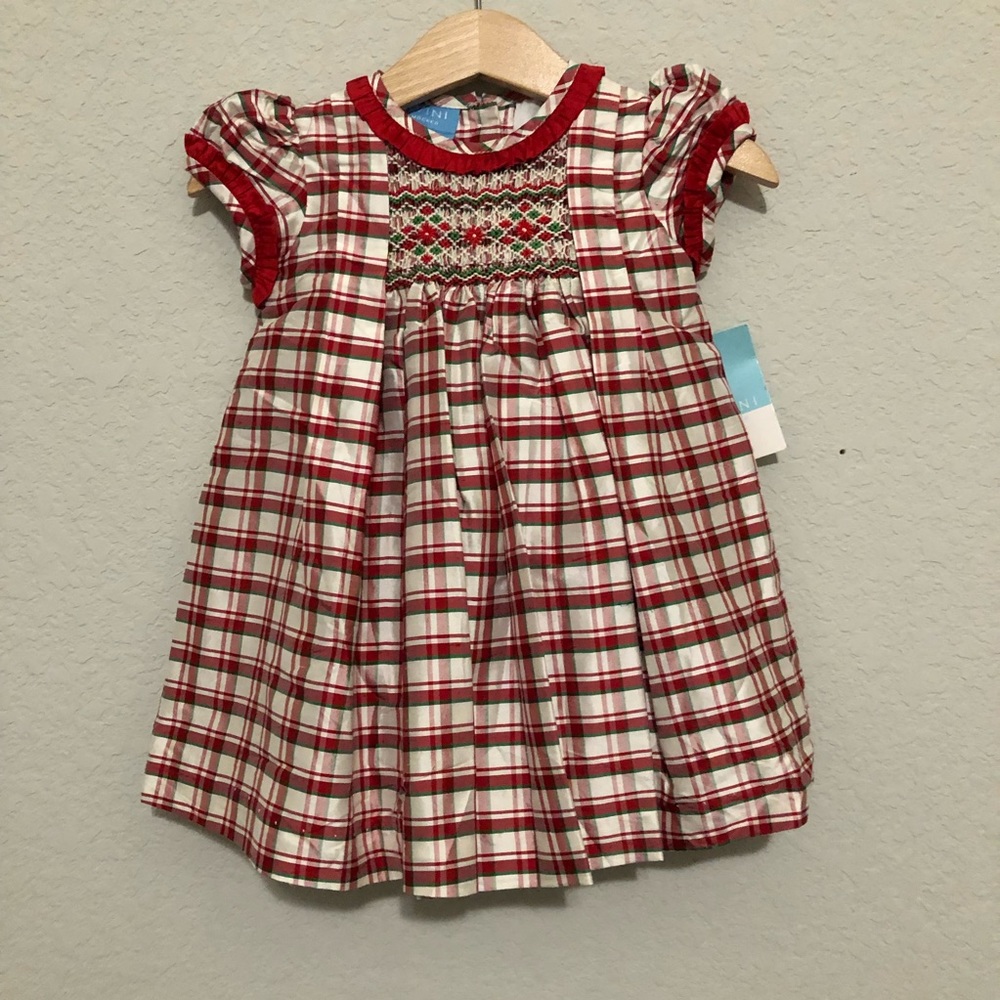 AnaVini Hand Smocked Plaid Silk Baby Christmas Holiday Dress 12 months NWT